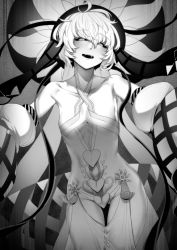 Rule 34 | 1girl, bare shoulders, black sclera, blush, breasts, collarbone, colored sclera, dress, fate/grand order, fate (series), greyscale, highres, large hat, looking at viewer, monochrome, nakamura regura, open mouth, puffy sleeves, short hair, small breasts, smile, solo, teeth, thigh gap, thighs, van gogh (fate), van gogh (third ascension) (fate)