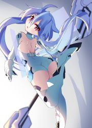 Rule 34 | 1girl, ahoge, ass, bare shoulders, blue hair, blush, breasts, elbow gloves, from behind, gloves, hair between eyes, highres, holding, holding weapon, leotard, light blue hair, looking at viewer, neptune (series), open mouth, power symbol, power symbol-shaped pupils, red eyes, shimeji wyvern, short hair with long locks, small breasts, solo, symbol-shaped pupils, thighhighs, weapon, white gloves, white heart (neptunia), white leotard