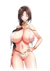 Rule 34 | 1girl, akagi rio, areola slip, blue eyes, breast curtains, breasts, brown hair, choker, cleavage, cross, cuffs, elizabeth mysterante, hair tie, hand on own hip, huge breasts, long hair, looking at viewer, milk factory, motto! haramase! honoo no oppai isekai oppai maid gakuen!, official art, one eye closed, rosary, see-through, smile, swimsuit, transparent background, wink