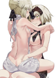 Rule 34 | 2girls, artist name, artoria pendragon (all), artoria pendragon (fate), ass, ass grab, back, backless outfit, bare arms, bare back, bare shoulders, black ribbon, black sweater, blush, breasts, butt crack, closed mouth, club3, convenient censoring, fate/grand order, fate/stay night, fate (series), girl on top, hair bun, hair ribbon, head tilt, headpiece, highres, hug, jeanne d&#039;arc (fate), jeanne d&#039;arc (ruler) (fate), jeanne d&#039;arc alter (avenger) (fate), jeanne d&#039;arc alter (fate), large breasts, light frown, medium breasts, meme attire, multiple girls, naked sweater, profile, ribbon, saber (fate), saber alter, sideboob, signature, simple background, single hair bun, sitting, sitting on person, sleeveless, sweater, turtleneck, turtleneck sweater, virgin killer sweater, white background, white ribbon, white sweater, yellow eyes, yuri