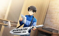 Rule 34 | 1boy, black eyes, black hair, blue sweater, fingernails, fuyumi jun, highres, holding, holding instrument, holding paper, idolmaster, idolmaster side-m, idolmaster side-m live on stage!, indoors, instrument, keytar, long sleeves, male focus, musical note, official art, paper, solo, sweater
