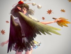 Rule 34 | 1girl, autumn leaves, bird wings, black hair, black skirt, black wings, channel ikihaji, closed mouth, collared shirt, commentary request, cowboy shot, feathered wings, frilled skirt, frills, hat, hauchiwa, leaf, looking back, miniskirt, pointy ears, pom pom (clothes), puffy short sleeves, puffy sleeves, red eyes, red hat, ribbon-trimmed skirt, ribbon trim, shameimaru aya, shirt, short sleeves, skirt, smile, tokin hat, touhou, white shirt, wings
