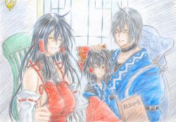 Rule 34 | 2girls, age difference, ahoge, alternate costume, bad id, bad pixiv id, black hair, book, bow, breasts, chair, child, colored pencil (medium), commentary request, cosplay, detached sleeves, esparda, family, father and daughter, flat chest, glasses, hair bow, hair tubes, hakurei reimu, huge breasts, japanese clothes, long hair, miko, morichika rinnosuke, morichika rinnosuke (cosplay), mother and daughter, multiple girls, nontraditional miko, one eye closed, original, pectorals, red eyes, sendai hakurei no miko, sideboob, silver hair, touhou, traditional media, translation request, window, wink, yellow eyes, you (esparda)