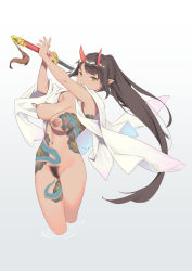 Rule 34 | 1girl, areola piercing, bigrbear, black hair, blunt bangs, bottomless, breasts, cropped legs, female pubic hair, full-body tattoo, green eyes, highres, holding, holding sword, holding weapon, horns, large breasts, long hair, looking at viewer, navel, nipple piercing, nipples, oni horns, open clothes, original, piercing, pointy ears, ponytail, pubic hair, ripples, solo, sword, tattoo, uncensored, weapon, white background