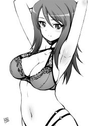 Rule 34 | 1girl, armpits, arms up, blush, bra, breasts, cleavage, closed mouth, girls und panzer, greyscale, highres, kamogawa tanuki, large breasts, lingerie, long hair, looking at viewer, mika (girls und panzer), monochrome, navel, smile, solo, underwear