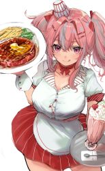 Rule 34 | 1girl, :q, absurdres, alternate costume, apron, azur lane, bad id, bad twitter id, blush, breasts, bremerton (azur lane), button gap, choker, collarbone, commentary request, cowboy shot, earrings, food, french fries, from above, grey hair, hair between eyes, hair ornament, hair ribbon, hairclip, hat, highres, holding, holding plate, jewelry, large breasts, long hair, looking at viewer, maria (syake-uni), milkshake, mini hat, mole, mole under eye, multicolored hair, pink eyes, pink hair, plate, red choker, red skirt, ribbon, ribbon choker, shirt, short sleeves, sidelocks, simple background, sketch, skirt, smile, solo, spoon, standing, steak, streaked hair, striped clothes, striped skirt, tongue, tongue out, twintails, two-tone hair, waist apron, waitress, white apron, white background, white shirt, wing collar, wrist cuffs