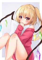 Rule 34 | 1girl, alternate costume, blonde hair, blush, commentary, covered mouth, covering own mouth, crystal, ekidona, feet out of frame, flandre scarlet, grey background, hand up, highres, hugging object, knees up, long hair, looking at viewer, off-shoulder sweater, off shoulder, pillow, pillow hug, raised eyebrows, red sweater, side ponytail, sitting, sleeves past wrists, solo, sweater, touhou, wings