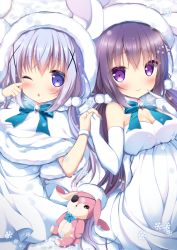 Rule 34 | 2girls, animal hat, blue eyes, blue hair, blue neckwear, blush, bow, bowtie, breasts, capelet, chestnut mouth, cleavage, closed mouth, commentary request, dress, elbow gloves, eyepatch, gloves, gochuumon wa usagi desu ka?, hair between eyes, hair ornament, hat, heart, holding hands, interlocked fingers, kafuu chino, long hair, low twintails, medium breasts, multiple girls, one eye closed, parted lips, pom pom (clothes), purple eyes, purple hair, rabbit hat, revision, shibainu niki, smile, snowflakes, stuffed animal, stuffed rabbit, stuffed toy, tedeza rize, twintails, white capelet, white dress, white gloves, white hat, x hair ornament