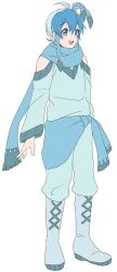 Rule 34 | 1boy, :d, ahoge, androgynous, arm at side, asrbpy, blue eyes, blue hair, blue pants, blue scarf, blue shirt, boots, creatures (company), flat color, full body, game freak, gen 4 pokemon, glaceon, highres, knee boots, light blue hair, multicolored hair, nintendo, open mouth, pants, personification, pokemon, scarf, shirt, simple background, smile, standing, two-tone hair, white background