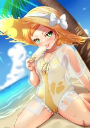 Rule 34 | 1girl, aikatsu! (series), aikatsu stars!, bare legs, blonde hair, blue sky, bow, braid, brown hair, casual one-piece swimsuit, cloud, collarbone, dutch angle, food, gradient hair, green eyes, hat, hat bow, holding, holding food, looking at viewer, multicolored hair, nikaido yuzu, ocean, one-piece swimsuit, open clothes, open shirt, palm tree, popsicle, ribbon, rinkapix, see-through, see-through shirt, shirt, short hair, single braid, sitting, sky, solo, spread legs, straw hat, summer, sun hat, sunlight, swimsuit, tongue, tongue out, tree, white bow, white shirt, yellow hat, yellow one-piece swimsuit, yellow ribbon