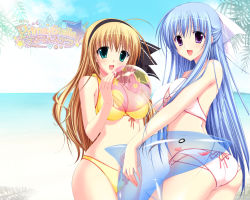 Rule 34 | 00s, 2girls, animal, arm up, ass, atelier kaguya, ball, bare legs, bare shoulders, beach, beachball, bent over, bikini, blonde hair, blue hair, blue sky, breasts, butt crack, choco chip, cleavage, cloud, collarbone, copyright name, crotch, dappled sunlight, day, eyelashes, feet out of frame, female focus, fish, forest, from behind, game cg, grabbing, green eyes, groin, hair between eyes, hair ornament, hair ribbon, holding, holding swim ring, innertube, island, large breasts, leaf, lens flare, lips, long hair, looking at viewer, multiple girls, nature, ocean, onoshima kusumi, open mouth, outdoors, pink bikini, plant, prima stella, purple eyes, ribbon, shade, shark, sky, smile, standing, star (sky), stomach, sunlight, swim ring, swimsuit, tail, thighs, tongue, touhouin shizuka, tree, underboob, upper body, very long hair, wallpaper, water, water surface, wedgie, yellow bikini