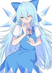 Rule 34 | 1girl, absurdres, alternate hair length, alternate hairstyle, blue bow, blue dress, blue eyes, blue hair, bow, cirno, dress, hair between eyes, hair bow, highres, ice, ice wings, long hair, looking at viewer, simple background, solo, touhou, tsukimirin, very long hair, white background, wings