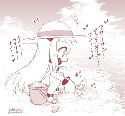Rule 34 | +++, 10s, 1girl, abyssal ship, ahoge, artist name, beach, blush, bucket, contemporary, covered mouth, hat, holding, horizon, horns, kantai collection, long hair, mittens, monochrome, musical note, northern ocean princess, ocean, quaver, sandals, scallop, signature, slug, solo, squatting, straw hat, translation request, twitter username, yamato nadeshiko