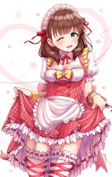 Rule 34 | 1girl, blue eyes, blush, bow, bowtie, breasts, brown hair, chiyosuke (nosuke21), cleavage, cleavage cutout, clothing cutout, cowboy shot, detached collar, dot nose, dress, earrings, frilled dress, frills, garter straps, hair ribbon, hairband, heart, heart background, heart earrings, highres, idolmaster, idolmaster cinderella girls, idolmaster cinderella girls starlight stage, jewelry, leg ribbon, looking at viewer, medium breasts, neck ribbon, one eye closed, open mouth, pink dress, plaid, plaid dress, puffy short sleeves, puffy sleeves, red bow, red bowtie, red ribbon, ribbon, ribbon-trimmed dress, ribbon-trimmed headwear, ribbon-trimmed thighhighs, ribbon trim, sailor collar, sakuma mayu, short hair, short sleeves, skirt hold, smile, solo, standing, star (symbol), starry background, thighhighs, twitter username, underbust, white background, white headdress, white sailor collar, white thighhighs, yellow bow, yellow bowtie, yellow wrist cuffs