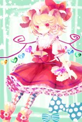 Rule 34 | 1girl, argyle, argyle clothes, argyle legwear, ascot, blonde hair, boots, bow, bowtie, female focus, flandre scarlet, frills, green background, hat, hat ribbon, heart, highres, hiyuu (hiyualice), looking at viewer, mob cap, pantyhose, patterned legwear, petticoat, red eyes, ribbon, short hair, short sleeves, side ponytail, skirt, solo, star (symbol), striped, striped background, stuffed animal, stuffed rabbit, stuffed toy, touhou, vest, wings