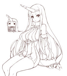 Rule 34 | 10s, 1girl, abyssal ship, breasts, chibi, chibi inset, claws, detached sleeves, dress, horns, kantai collection, kugi ta hori taira, large breasts, long hair, looking at viewer, monochrome, ribbed dress, seaport princess, short dress, sideboob, single horn, solo, sweater, sweater dress, thighs, very long hair