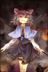 Rule 34 | 1girl, animal ears, basket, capelet, dowsing rod, dress, gem, glowing, glowing eyes, grey dress, grey hair, jewelry, kutsuki kai, looking at viewer, mouse (animal), mouse ears, mouse tail, nazrin, necktie, open mouth, pendant, red eyes, see-through, shaded face, smile, solo, tail, touhou
