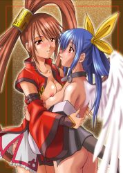 Rule 34 | 2girls, arc system works, ass, asymmetrical wings, bare shoulders, blue hair, blush, bow, breast press, breasts, brown hair, choker, cleavage, detached sleeves, dizzy (guilty gear), eye contact, guilty gear, guilty gear x, hair bow, hair ornament, hair rings, kuradoberi jam, large breasts, long hair, long sleeves, looking at another, multiple girls, nipples, no bra, no panties, open clothes, open shirt, shirt, tail, twintails, very long hair, wings, yuri