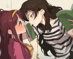 Rule 34 | 2girls, blush, book, brown hair, commentary request, eye contact, from side, hairband, hano9789, highres, holding, holding book, idolmaster, idolmaster million live!, kabedon, kitazawa shiho, korean commentary, long hair, looking at another, multiple girls, parted lips, pink shirt, purple eyes, purple hair, shirt, striped clothes, striped shirt, tanaka kotoha, upper body, white shirt, yellow eyes, yellow hairband, yuri