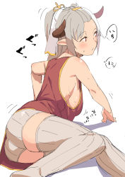 Rule 34 | 10s, 1girl, :o, aliza (granblue fantasy), arm support, ass, breasts, draph, granblue fantasy, horns, level.21, long hair, looking away, lying, no bra, on side, ponytail, red eyes, ribbed legwear, shorts, sideboob, silver hair, simple background, solo, sweat, thighhighs