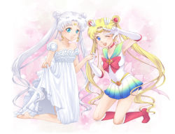 Rule 34 | bare shoulders, barefoot, beads, bishoujo senshi sailor moon, blue eyes, blue sailor collar, boots, brooch, choker, circlet, collarbone, crescent, crescent earrings, crescent facial mark, double bun, dress, dual persona, earrings, esuya, facial mark, forehead mark, hair beads, hair ornament, heart, heart brooch, holding hands, interlocked fingers, jewelry, knee boots, kneeling, miniskirt, multicolored clothes, multicolored skirt, open mouth, princess serenity, red footwear, ribbon, sailor collar, sailor moon, skirt, skirt hold, smile, super sailor moon, tsukino usagi, twintails, w, white dress, white hair