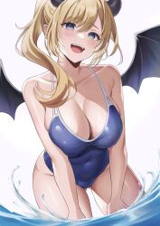 Rule 34 | 1girl, :d, absurdres, blonde hair, blue eyes, blue one-piece swimsuit, blush, breasts, collarbone, covered navel, demon girl, demon horns, demon wings, floating hair, gluteal fold, hair over shoulder, highres, hololive, horns, large breasts, leaning forward, nekorone0222, one-piece swimsuit, open mouth, ponytail, simple background, skindentation, smile, swimsuit, virtual youtuber, wet, white background, wings, yuzuki choco