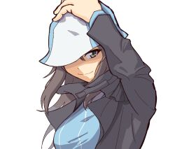 Rule 34 | 1girl, black coat, blue hat, blue shirt, brown eyes, brown hair, closed mouth, coat, commentary request, degtyarev, girls und panzer, hand on headwear, hat, hat over one eye, keizoku school uniform, long hair, long sleeves, looking at viewer, mika (girls und panzer), open clothes, open coat, partial commentary, school uniform, shirt, simple background, smile, solo, striped clothes, striped shirt, trench coat, tulip hat, vertical-striped clothes, vertical-striped shirt, white background
