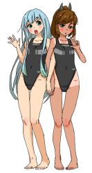 Rule 34 | 10s, 2girls, aoki hagane no arpeggio, barefoot, blue hair, brown eyes, brown hair, competition swimsuit, covered navel, crossover, dark-skinned female, dark skin, flat chest, green eyes, hair ribbon, highleg, highleg swimsuit, highres, holding hands, i-401 (kancolle), interlocked fingers, iona (aoki hagane no arpeggio), kantai collection, kiriririn, long hair, multiple girls, name connection, one-piece swimsuit, one-piece tan, pigeon-toed, ponytail, ribbon, swimsuit, tan, tanline, toes, v, very long hair