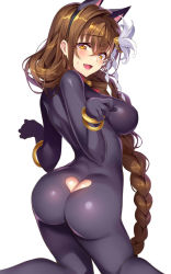 Rule 34 | 1girl, animal ears, ass, ass cutout, bell, blush, bodysuit, bracelet, braid, breasts, brown eyes, brown hair, butt crack, cat ears, clothing cutout, collar, commentary, fake animal ears, hair ornament, heart cutout, highres, jewelry, kanpani girls, kneeling, large breasts, long hair, looking at viewer, looking back, mole, mole under eye, neck bell, open mouth, original, senri gan, shirayuri sakura, simple background, single braid, skin tight, solo, very long hair, white background