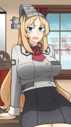 Rule 34 | 1girl, blonde hair, blue eyes, breasts, chair, commentary request, cowboy shot, flower, hamu koutarou, headgear, highres, kantai collection, large breasts, long hair, long sleeves, looking at viewer, military, military uniform, nelson (kancolle), open mouth, pencil skirt, red flower, red rose, rose, skirt, solo, uniform, window