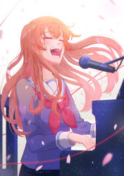 Rule 34 | 1girl, absurdres, blue shirt, bow, crying, closed eyes, hanagamigendai, highres, instrument, long hair, long sleeves, microphone, music, original, petals, piano, red bow, school uniform, serafuku, shirt, simple background, singing, sitting, string, string of fate, tears, uniform, white background