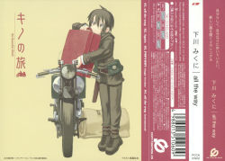 Rule 34 | 00s, 1girl, androgynous, cover, cover page, hermes (kino no tabi), kino (kino no tabi), kino no tabi, kuroboshi kouhaku, motor vehicle, motorcycle, reverse trap, solo, tomboy, vehicle