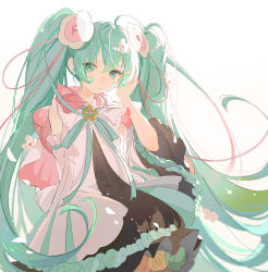 Rule 34 | 1girl, 7tkei, absurdres, aqua flower, aqua ribbon, arm at side, black dress, blurry, blurry background, brooch, cable, capelet, detached sleeves, dot nose, dress, dress flower, expressionless, eyes visible through hair, flat chest, floating hair, flower, frilled dress, frills, green eyes, green flower, green rose, hair between eyes, hair flower, hair ornament, hand in own hair, hand up, hatsune miku, highres, jewelry, light particles, long hair, looking at viewer, magical mirai (vocaloid), magical mirai miku, magical mirai miku (2021), neck ribbon, orange flower, orange rose, parted lips, petals, polka dot, polka dot capelet, ribbon, rose, short dress, sidelighting, sidelocks, sideways glance, simple background, solo, tsurime, twintails, two-sided capelet, upper body, very long hair, vocaloid, white background, white capelet, white flower, wide sleeves, yellow flower, yellow rose