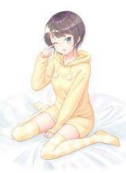 Rule 34 | 1girl, absurdres, bed sheet, between legs, blue eyes, blush, breasts, commentary request, drawstring, full body, hand between legs, highres, hololive, hood, hood down, hoodie, long sleeves, looking at viewer, medium breasts, nagape, on bed, one eye closed, oozora subaru, open mouth, pom pom (clothes), rubbing eyes, short hair, shorts, sidelocks, simple background, sitting, sleepy, sleeves past wrists, solo, striped clothes, striped thighhighs, thighhighs, virtual youtuber, waking up, wariza, white background, yellow hoodie, yellow shorts, yellow thighhighs, zettai ryouiki