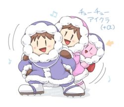 Rule 34 | 1boy, 1girl, 1other, black hair, blush, brother and sister, brown hair, choo choo train, copy ability, gloves, hat, hood, ice climber, kirby, kirby (series), nana (ice climber), nintendo, popo (ice climber), sayoyonsayoyo, siblings, simple background, smile, super smash bros., white background, winter clothes