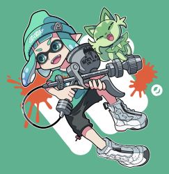 Rule 34 | 1girl, aerospray (splatoon), aqua background, aqua eyes, aqua hair, aqua headwear, aqua shirt, beanie, black shorts, blue hair, boots, company connection, creatures (company), crossover, full body, game freak, gradient hair, hat, highres, holding, inkling, inkling girl, inkling player character, multicolored hair, nintendo, outline, paint splatter, pointy ears, pokemon, pokemon (creature), pokemon sv, shirt, short hair, short sleeves, shorts, splatoon (series), splatoon 3, sprigatito, suction cups, sutokame, t-shirt, tentacle hair, trigger discipline, two-tone hair, v-shaped eyebrows, white footwear, white outline