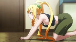 Rule 34 | 1girl, all fours, animated, animated gif, bare shoulders, barefoot, bent over, blonde hair, crop top, door, exercising, female focus, flat chest, from side, green eyes, hair bobbles, hair ornament, himegami kodama, indoors, legs, long hair, maken-ki!, midriff, nipples, no bra, on floor, profile, shadow, shorts, sidelocks, solo, takami akio, twintails, very long hair, wooden floor