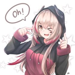 Rule 34 | &gt; o, absurdres, artist name, text background, black hoodie, blonde hair, blush, breasts, clenched hand, commentary, english text, facial mark, girls&#039; frontline, headgear, highres, hiromaster sinta jh, hood, hood up, hoodie, long hair, long sleeves, looking at viewer, m4 sopmod ii (girls&#039; frontline), medium breasts, multicolored clothes, multicolored hair, multicolored hoodie, one eye closed, open mouth, pink hair, red eyes, red hoodie, simple background, smile, solo, star (symbol), starry background, v, white background
