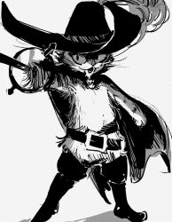 Rule 34 | 1boy, belt, boots, cat boy, cat nose, cavalier hat, full body, furry, furry male, hat feather, highres, holding, holding sword, holding weapon, looking at viewer, male focus, monochrome, open mouth, pepepegle, puss in boots, puss in boots: the last wish, puss in boots (shrek), rapier, standing, sword, thigh boots, weapon