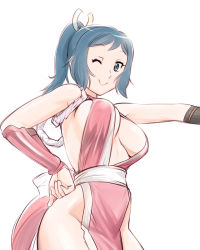 Rule 34 | 1girl, ;), armpits, bare shoulders, blue eyes, blue hair, breasts, cleavage, cosplay, fatal fury, fingerless gloves, gloves, gundam, gundam build fighters, hand on own hip, hip focus, iori rinko, japanese clothes, large breasts, lips, long hair, matching hair/eyes, mature female, midriff, mitsuishi kotono, no bra, no panties, one eye closed, pelvic curtain, ponytail, revealing clothes, shiranui mai, shiranui mai (cosplay), side slit, sideboob, smile, snk, solo, teeth, the king of fighters, ueyama michirou, underboob, vambraces, voice actor connection, wide hips, wink