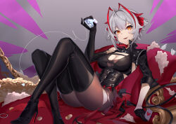 Rule 34 | 1girl, absurdres, ace (playing card), ace of hearts, antenna hair, antennae, arknights, asymmetrical gloves, black gloves, black pantyhose, boots, breasts, card, demon girl, demon horns, demon tail, elbow gloves, gloves, grey hair, hat, heart, highres, horns, large breasts, latex, latex thighhighs, looking at viewer, official alternate costume, pantyhose, phantom thief, playing card, short hair, sitting, smile, solo, stack of coins, strap, tail, thighhighs, thighhighs under pantyhose, torn clothes, torn pantyhose, w (arknights), w (wanted) (arknights), yellow eyes, zeroblood