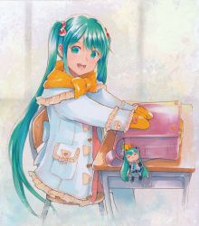 Rule 34 | 1girl, :d, aged down, aqua hair, backpack, bag, bow, classroom, coat, desk, floating hair, flower, frills, from side, green eyes, hair bobbles, hair ornament, hatsune miku, highres, indoors, long hair, looking at viewer, marker (medium), mayo riyo, mittens, open mouth, red sweater, scarf, sitting, smile, solo, sweater, traditional media, twintails, unworn backpack, unworn bag, very long hair, vocaloid, white coat, white legwear, winter clothes, winter coat, yellow bow, yellow flower, yellow scarf