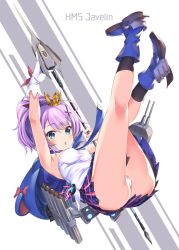 Rule 34 | 1girl, akanagi youto, arm up, azur lane, blue eyes, breasts, cannon, character name, commentary request, crown, gloves, hair ornament, hairclip, highres, hip focus, javelin, javelin (azur lane), legs up, looking at viewer, name connection, panties, purple hair, simple background, single glove, solo, torpedo tubes, underwear, weapon