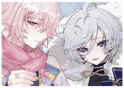 Rule 34 | 2boys, ahoge, blue eyes, blush, cielomort (fragaria memories), closed mouth, fragaria memories, grey hair, highres, long hair, looking at viewer, male focus, multicolored eyes, multiple boys, open mouth, pink eyes, pink hair, pink scarf, purple eyes, scarf, smile, willmesh (fragaria memories), yukimi5daifuku