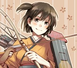 Rule 34 | 10s, 1girl, archery, arrow (projectile), blush, bow (weapon), brown eyes, brown hair, flight deck, gloves, hiryuu (kancolle), japanese clothes, kantai collection, kyuudou, lowres, partially fingerless gloves, partly fingerless gloves, personification, portrait, quiver, ribbon, short hair, side ponytail, single glove, skirt, smile, solo, tokihiko, weapon, yugake