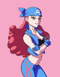 Rule 34 | 1girl, absurdres, bare shoulders, creatures (company), crop top, frankgallaxx, game freak, gloves, headband, highres, nintendo, pants, pokemon, pokemon rse, red eyes, red hair, shelly (pokemon), sleeveless