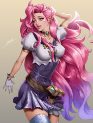 Rule 34 | 1girl, absurdres, breasts, gloves, highres, league of legends, lipstick, long hair, makeup, pink hair, seraphine (league of legends), skirt, thighhighs