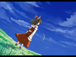 Rule 34 | 1girl, bare shoulders, blue sky, bow, brown hair, cloud, day, detached sleeves, dress, dutch angle, female focus, from behind, grass, hair bow, hakurei reimu, letterboxed, long hair, outdoors, red dress, red ribbon, red skirt, ribbon, scenery, seo tatsuya, shadow, skirt, sky, solo, touhou