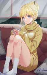 Rule 34 | 1girl, alternate costume, alternate hairstyle, blue eyes, breasts, couch, cup, curtains, dress, hair bun, hair up, highres, holding, holding cup, hololive, hololive english, indoors, knees, knees up, looking at viewer, medium breasts, mountainous horizon, mug, no shoes, parted lips, pillow, reulem, sidelocks, signature, single hair bun, sleeves past wrists, snowing, socks, solo, sweater, sweater dress, thighs, turtleneck, turtleneck sweater, virtual youtuber, watson amelia, window, yellow sweater
