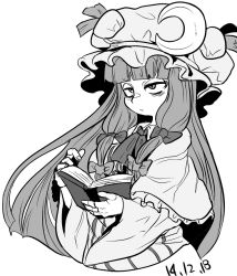 Rule 34 | 1girl, bad id, bad pixiv id, bags under eyes, book, crescent, greyscale, hat, jitome, long hair, mob cap, monochrome, open book, patchouli knowledge, sketch, solo, tetugakuzonbi, touhou, very long hair